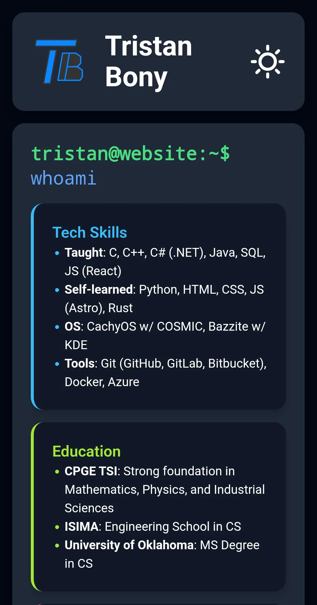 Mobile version of my website in dark mode